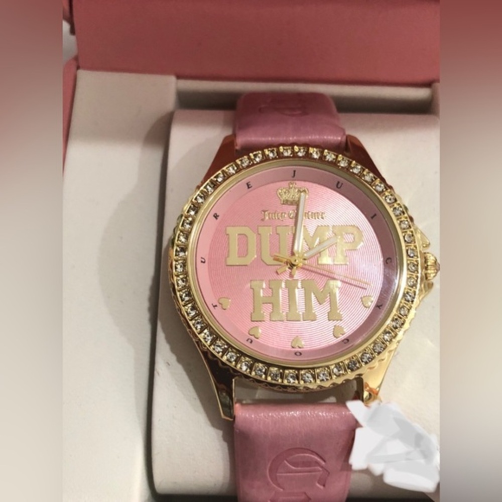 Juicy couture pink gold cz pave crystal bezel ‘Dump Him’ monogram wristwatch new